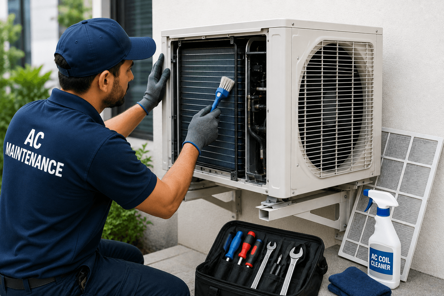 Technician inspecting and maintaining an air-conditioning system