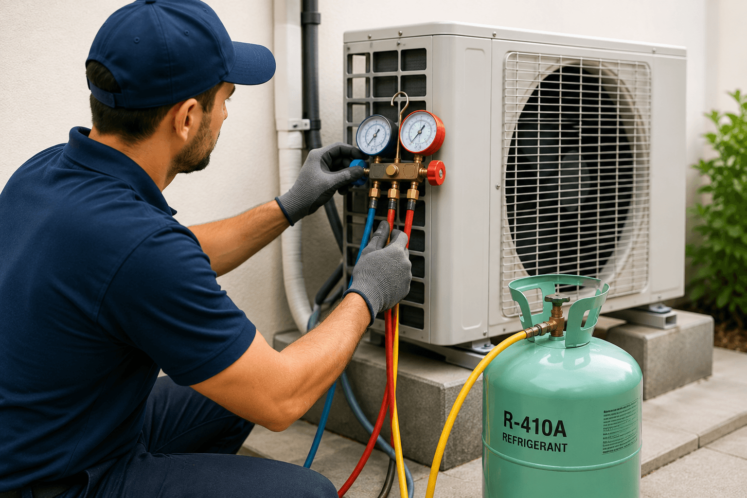 AC gas refilling service with refrigerant diagnostics equipment
