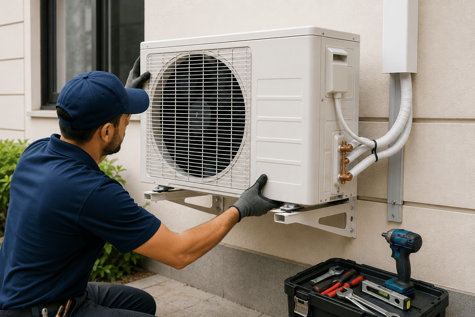Technician performing professional AC installation service