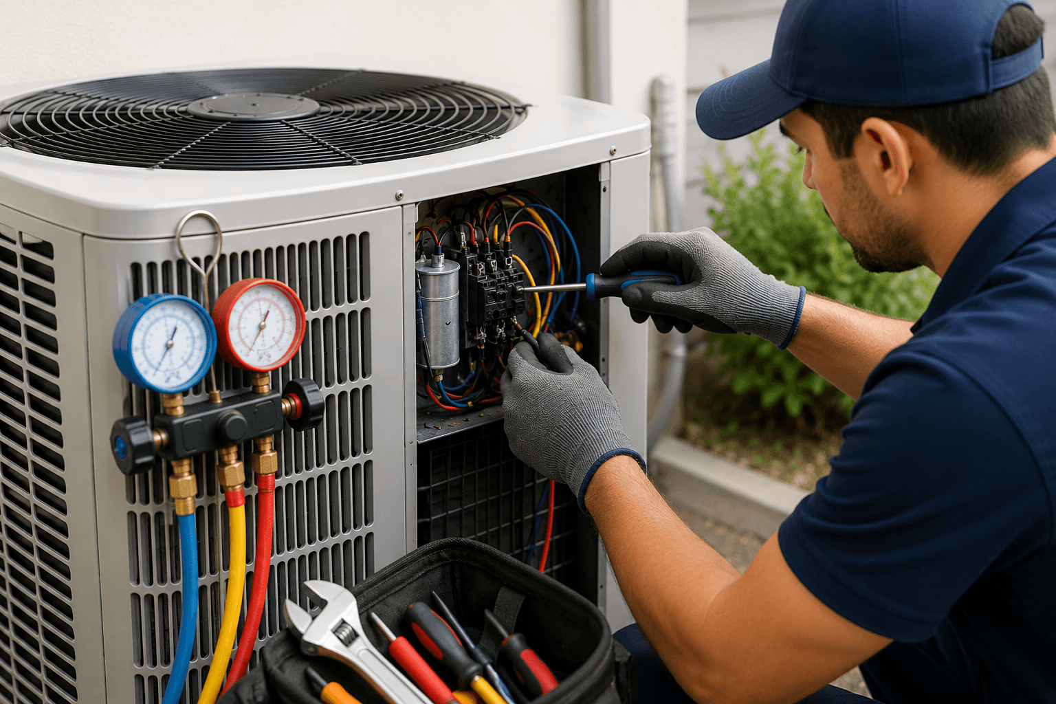 AC repair technician working on a residential cooling unit