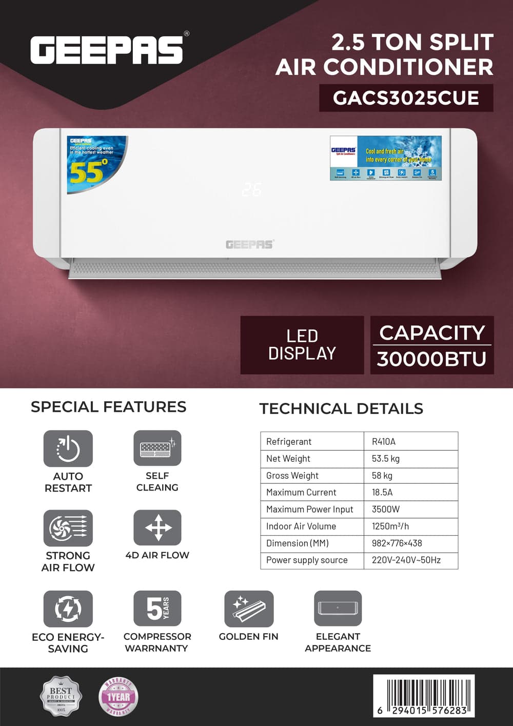 GEEPAS 2.5 Tons Rotary Non-Inverter GACS3025CUE