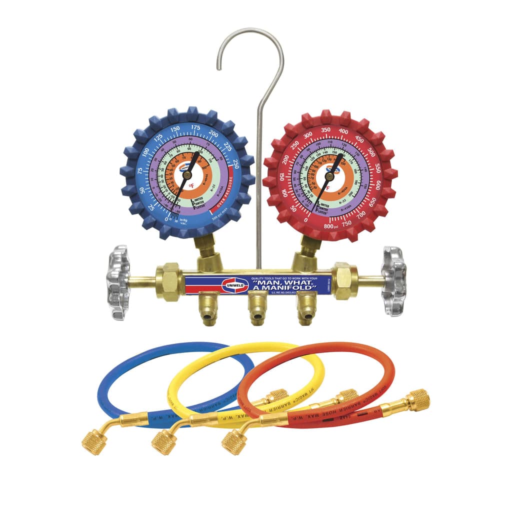 Uniweld QS4L5H 2-Valve Brass Manifold w/ 5ft Soft Magic® Hose Set – R-410A/R-22/R-404A